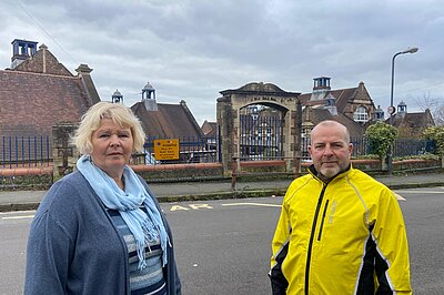 Cllr Jos Clark and Cllr Andrew Varney outside St Anne's Infant School.