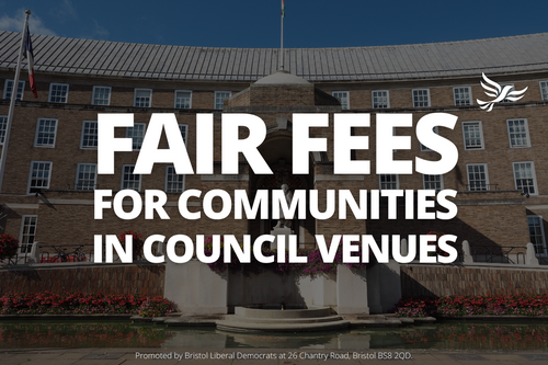 Graphic of city hall with text saying "Fair Fees for Communities in Council Venues"