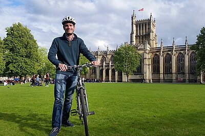 Picture of Cllr Nicholas Coombes and his bike on College Green
